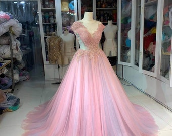 Full length Pink Rose Dress - Rose Pink dress - Prom DRess - Pink Rose Cute Dress