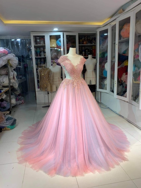 Beaded Illusion 3D Rose Long Train Pink Prom Dress - Xdressy