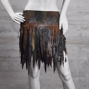 Post Apocalyptic Leather Stripes Skirt, Tribal Wild Loincloth, Gladiator Hip CoverUp, Pagan Fringe Overskirt, Indian Costume, Viking Warrior