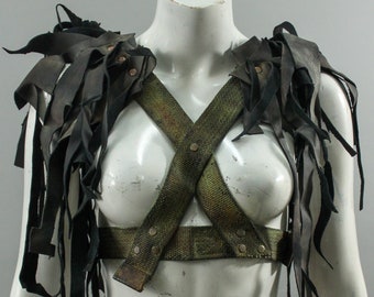 Post Apocalyptic Harness - Leather Pauldrons - Military Freak Costume - Winged Chest Cage - Wasteland Cage Bra - Distressed Luxury - Tank