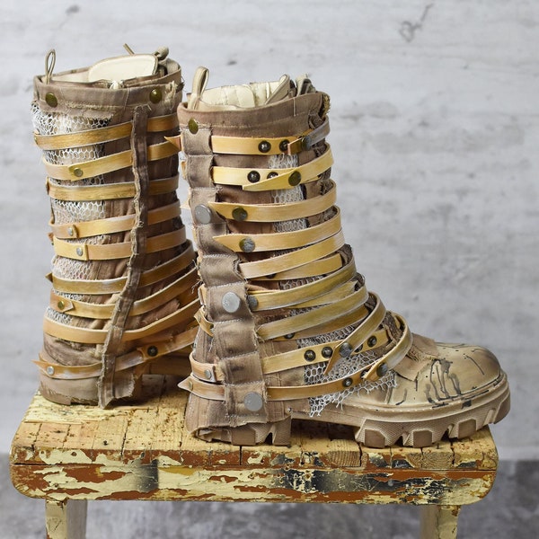 Post Apocalyptic Unique Shoes - Desert Colors Footwear - Dystopian Women's Trappers - Mad Max Costume Foot Covering - Burning Man Boots