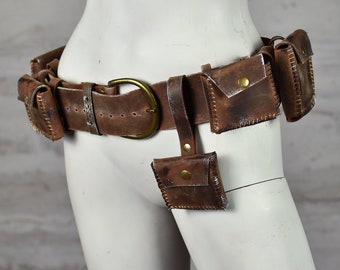 Leather Utility Belt with Pouches - Hip Belt Bag - Waist Wallet - Vintage Funny Pack - Belt-attachable Gear Holder - All-purpose Hip Pockets