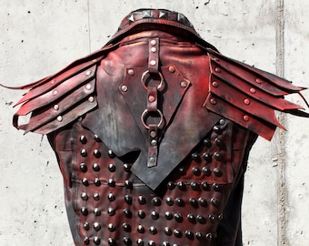 Red Leather Vest - Studded Post Apocalyptic Vest - Handmade Light Armor - Custom Sleeveless Jacket - Upcycled Vest - Wasteland Breastplate