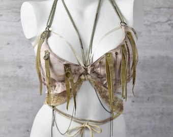Post Apocalypse Bra - Beige Fringe Bodice - Post-Apocalyptic Desert Bra – Handmade Wasteland Top with Straps, Chains