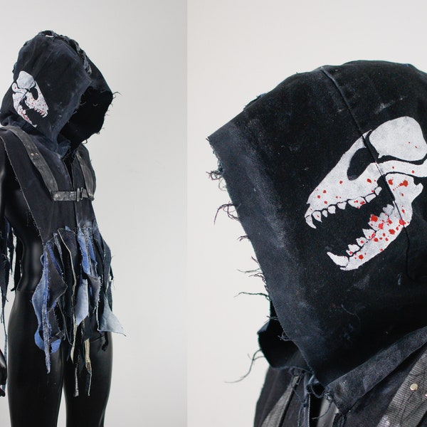 Post Apocalyptic Cowl - Dog Skull Hood - LARP Accessory - Handmade Headdress - Wasteland Headpiece - Canine Hood - Black Shawl - Dead Wolf