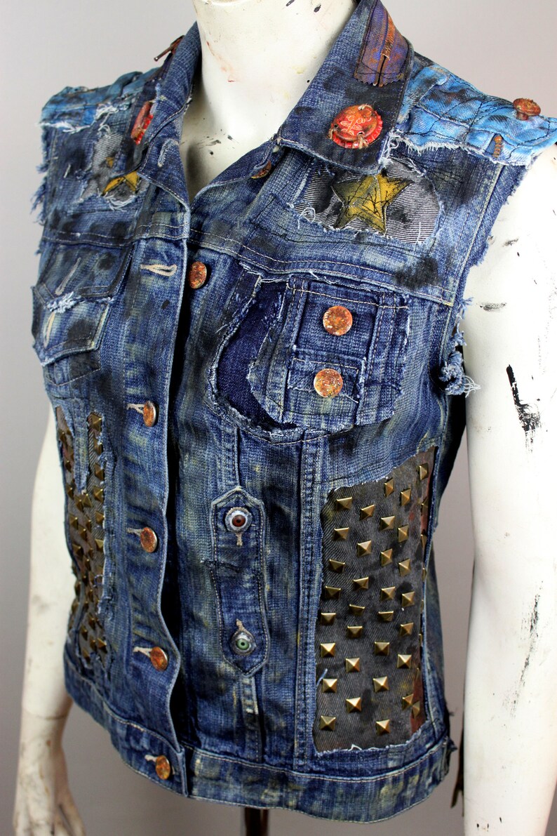 Studded Post Apocalyptic Vest Wasteland Denim Vest Fringe | Etsy