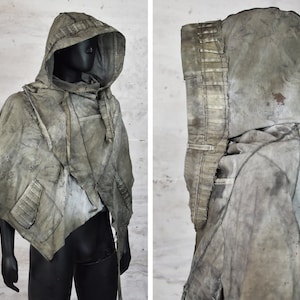 Distressed Hermit Cape - Gray Postapoc Poncho - Wanderer Coat - Handmade Big Hood - Post Apocalyptic Monk - LARP Outfit - Wasteland Nomad