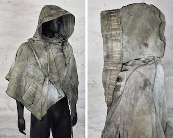 Distressed Hermit Cape - Gray Postapoc Poncho - Wanderer Coat - Handmade Big Hood - Post Apocalyptic Monk - LARP Outfit - Wasteland Nomad