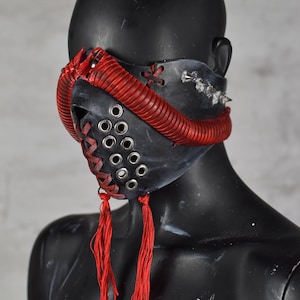 Cyberpunk Mask - Post-Apocalyptic Leather Face Covering with Red Tubing and Metal Accents – Steampunk Outfit - Dystopian Photoshoot Costume
