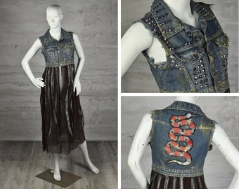 Denim Studded Vest with Long Tulle Bottom - Snake Motif - Wasteland Edgy Costume - Punk Attire - Upcycled Fashion - Metal Concert Outfit