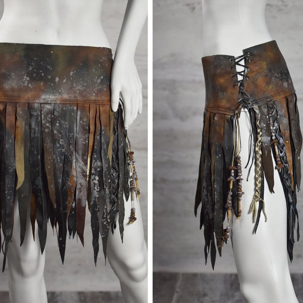 Post Apocalyptic Leather Stripes Skirt, Tribal Wild Loincloth, Gladiator Hip CoverUp, Pagan Fringe Overskirt, Indian Costume, Viking Warrior