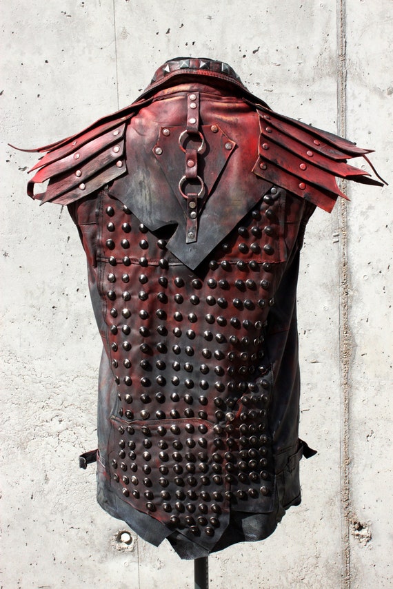 Red Leather Vest Studded Post Apocalyptic Handmade - Red Leather Vest Red Leather Vest Studded Post Apocalyptic Handmade - Red Leather Vest