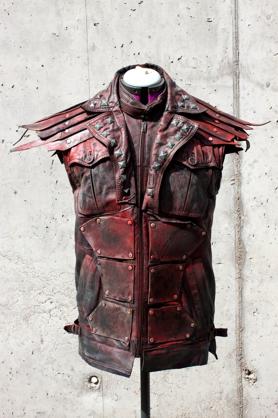 red sleeveless leather jacket