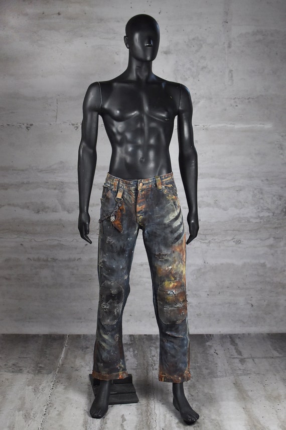 Post apocalyptic Rusty Men s Jeans With Bottle Opener Chain Dystopian Clothing Distressed Outfit Wasteland Weekend LARP Pants Etsy