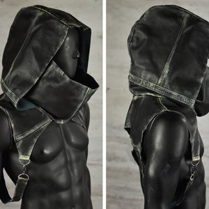 Apocalyptic Leather Hood - Weathered Clothing, Wasteland Costume - Worn Out Look, Dystopian Attire - Handcrafted Upcycled Fashion, Cyberpunk