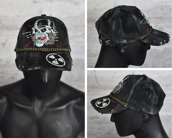 Handmade Post-apocalyptic Cap With Skull and Chain, Grunge