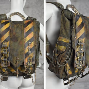 Post-Apocalyptic Military Green Backpack with Biohazard Stripes and Skulls - Quality Craftsmanship - Weatherproof Hiking Gear - Travel bag