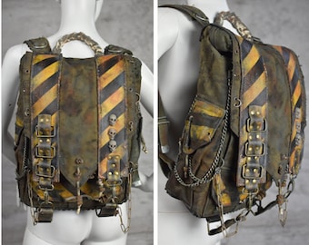 Post-Apocalyptic Military Green Backpack with Biohazard Stripes and Skulls - Quality Craftsmanship - Weatherproof Hiking Gear - Travel bag