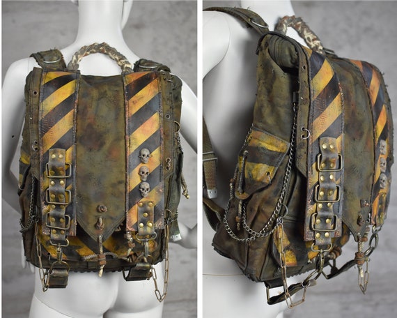 Post-apocalyptic Military Green Backpack With Biohazard Stripes