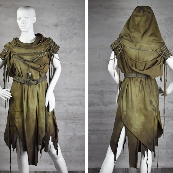 Wasteland Queen Costume - Shaman Dress with Hood - Post Apocalyptic Clothing - Green Festival Dress - Wasteland Weekend - Dystopian Fashion