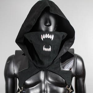 Black Hood with Fangs – Post-Apocalyptic Cyberpunk Hooded Mask - Reflective Metallic Teeth - Dark Fashion