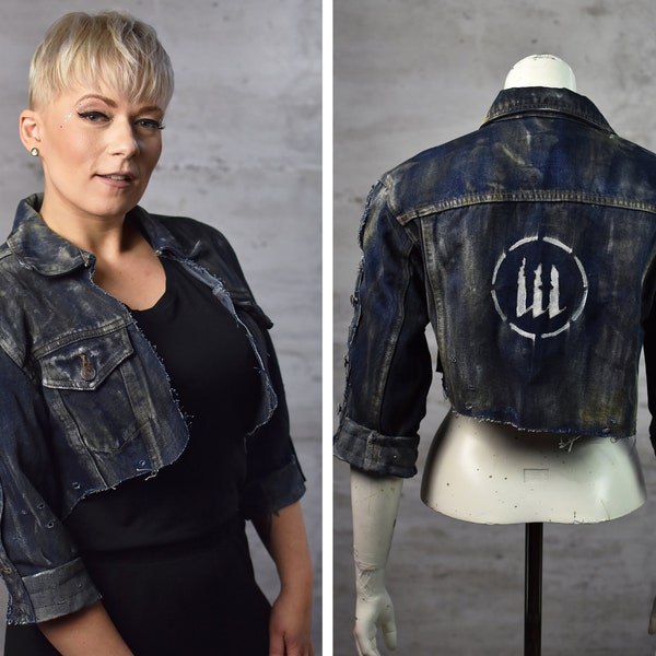 Cropped Torn Jacket - Distressed Blue Denim - Weathered Stage Costume - Furiosa Coat - Post Apocalyptic Clothing - Apocalypse LARP Outwear