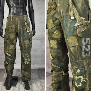 Green Patchwork Cargo Pants - Trousers with Star - Apocalyptic Outfit - Military Style - LARP Clothing - Comfortable Pants - Streetwear