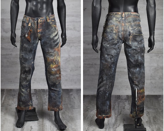 Vaqueros postapocalipticos oxidados para hombre con cadena de abrebotellas Ropa distopica Conjunto desgastado Wasteland Weekend Pantalones LARP Etsy Espana