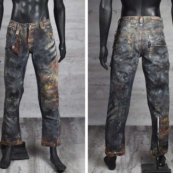 Jeans da uomo arrugginiti post-apocalittici con catena apribottiglie - Abbigliamento distopico - Abito in difficoltà - Weekend Wasteland - Pantaloni LARP