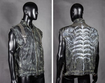 Post Apocalyptic Vest - Black Skeleton Vest - Raider Costume - Weathered Leather Vest - Wasteland Sleeveless Jacket - Handmade LARP Outwear