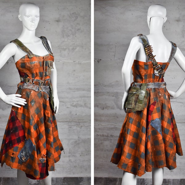 Orange Plaid Apocalyptic Dress with Military Patch Pockets and Belt - Pin Up Style - Checkered Dystopian Outfit