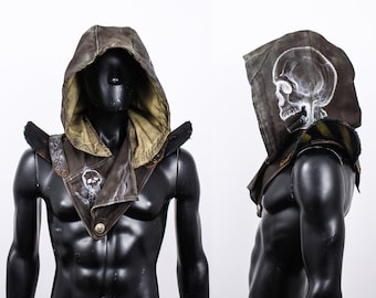 Post Apocalyptic Cowl - Skeleton Hood - Wasteland Headgear - LARP Hood - Handmade Accessory - Human Skull Cowl - Apocalyptic Headpiece