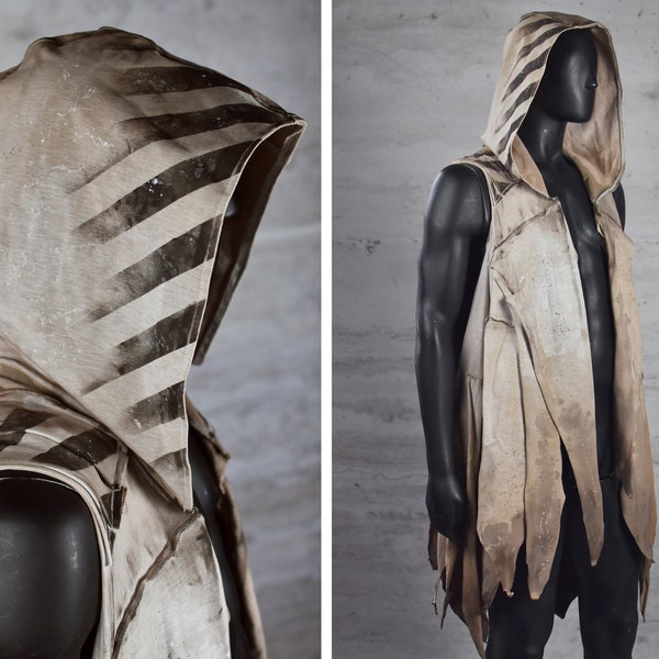 Post Apocalyptic Cape - Layered Postapoc Vest - Wasteland Nomad Hood - Wanderer Sleeveless Coat - Handmade Big Hood -  Dystopian Outfit