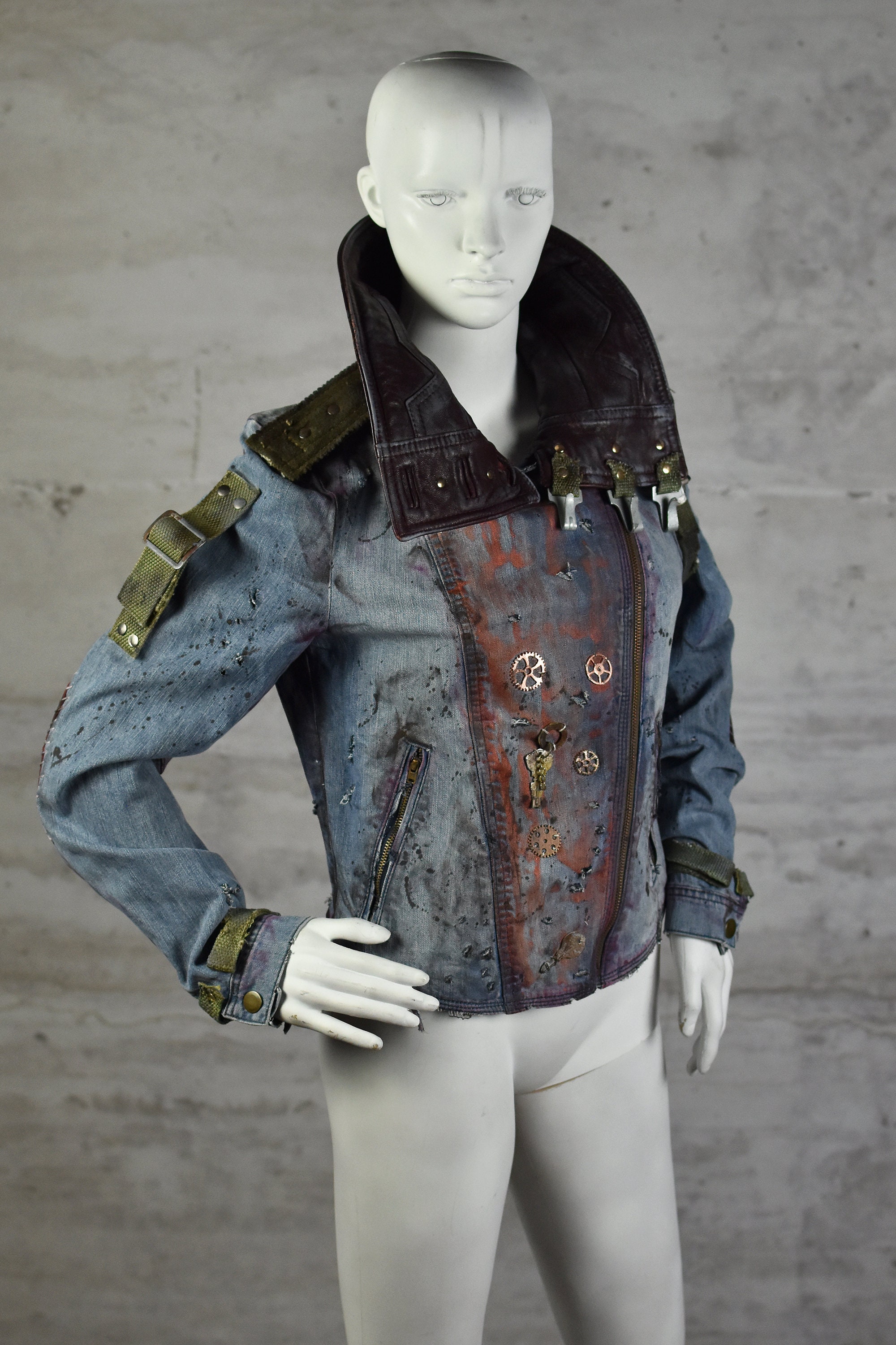 Distressed Jean Biker Jacket With Skull Design - Apocalyptic