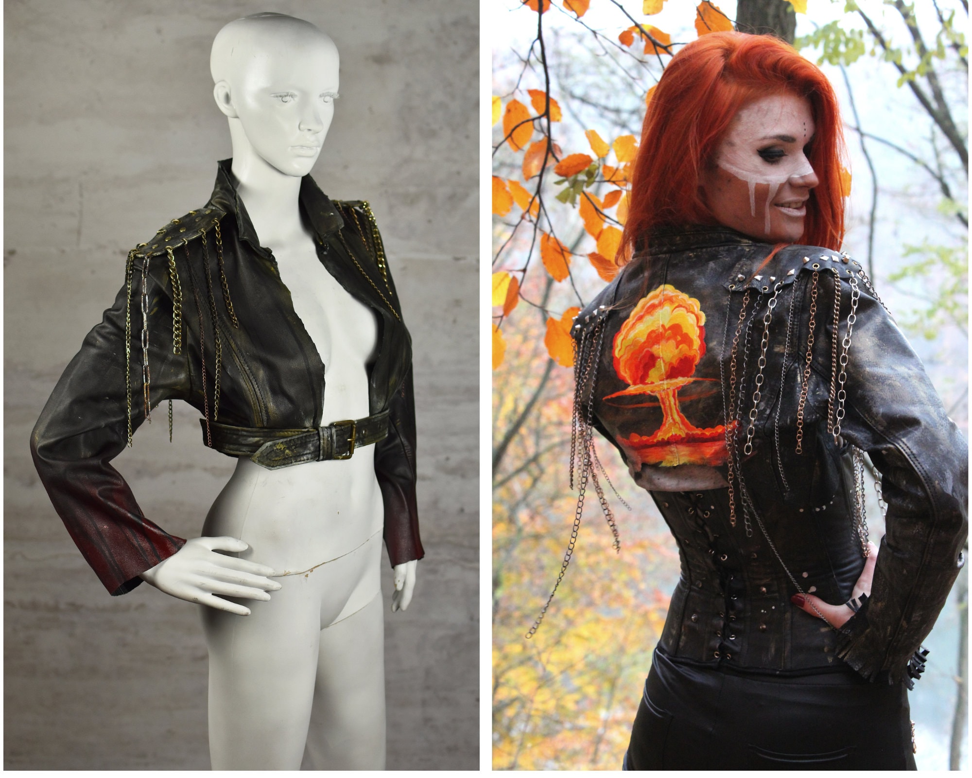 Post Apocalyptic Hand Painted Leather Jacket Sexy Rocker Stage Clothing Atomic Explosion Painting Wasteland Costume Festival Fashion Etsy