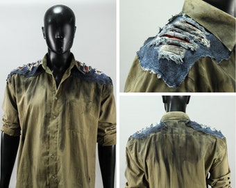 Post Apocalyptic Shirt - Military Clothing - Wasteland Outfit - Burning Man Style - Olive Green - Distressed Pauldrons - Denim Patches -LARP