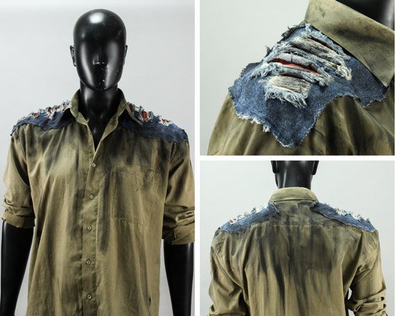 Post Apocalyptic Shirt Military Clothing Wasteland Outfit Burning Man Style  Olive Green Distressed Pauldrons Denim Patches LARP 