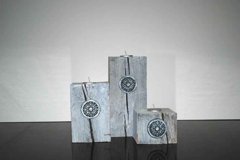 Whitewashed Wood Pillar Tealight Candle Holders Set of 3 Etsy