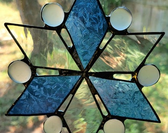 Blue textured and clear stained glass star/suncatcher