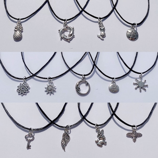 Charm Choker Necklace - Custom Charm Necklace - Adjustable Black Cord Choker - Sun Flower - Moon - Pineapple - Key - Dolphin - Mermaid - Bee