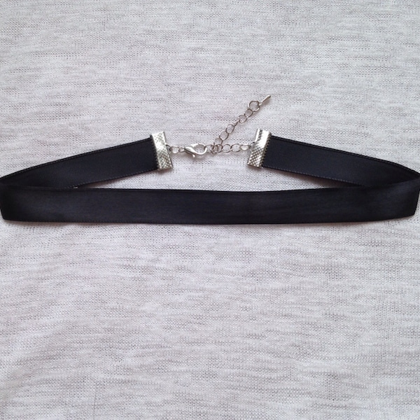 Adjustable Plain Black Ribbon Choker - Adjustable Necklace - Silk Ribbon- Hippie Boho Grunge - Festival Look - Black Choker - Silver Jewelry