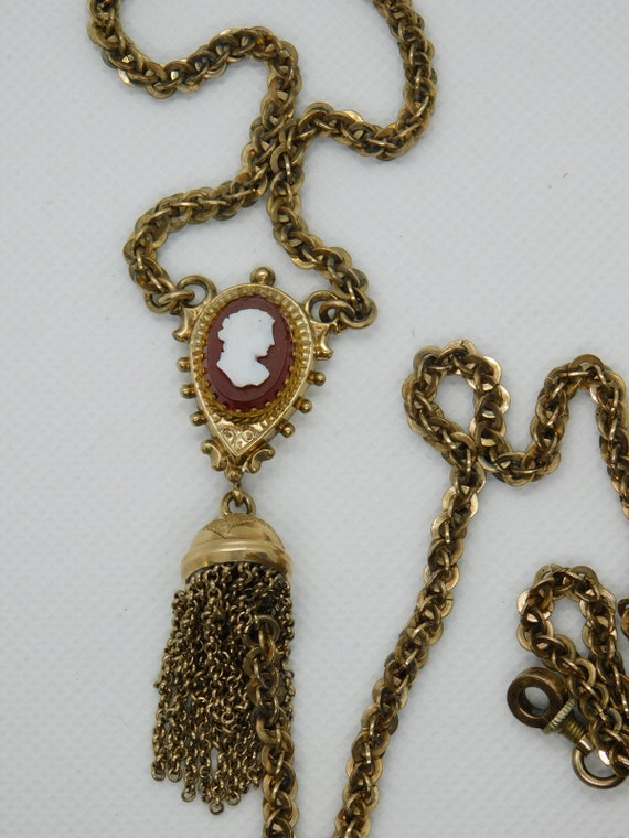 Victorian Gold-Filled Cameo Tassel Watch Fob Chain