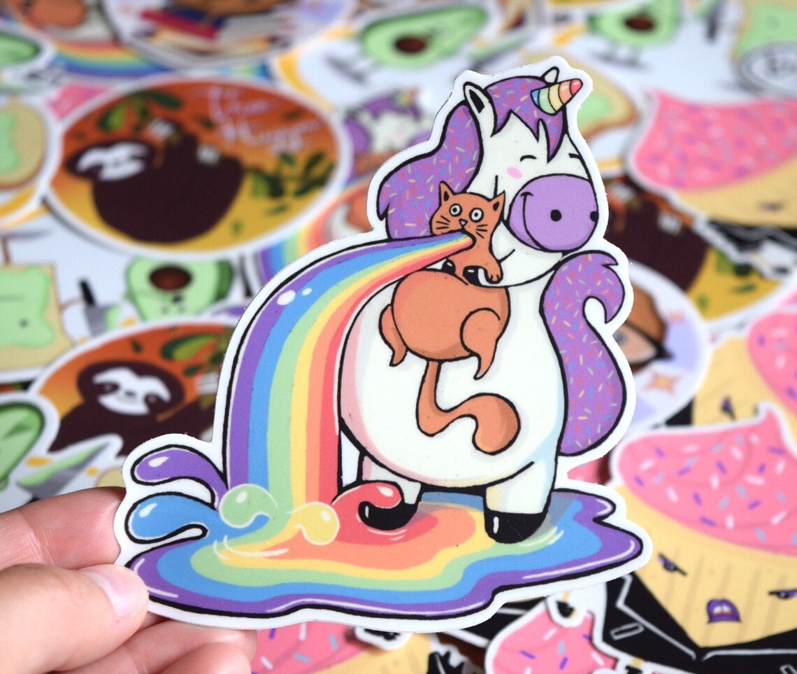 Funny Unicorn Sticker Cat Sticker Vinyl Sticker Water Etsy