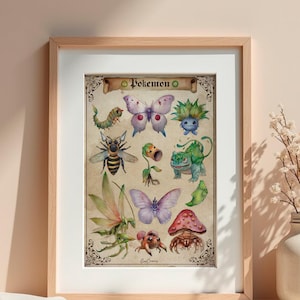 May include: A framed art print featuring a collection of watercolour-style illustrations of various creatures, including butterflies, a bee, a mushroom-capped crab, and plant-like beings, with the text "Pokemon" at the top on a parchment background.