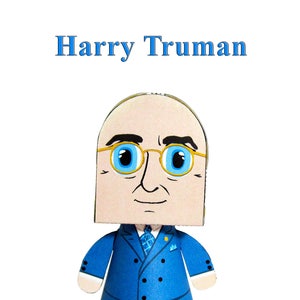 Pode incluir: Modelo de papel de Harry S. Truman, o 33º presidente dos Estados Unidos. O modelo é uma representação de Truman em estilo de desenho animado com um terno azul e óculos.