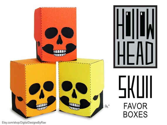 3 Shades of Green Skull Hollow Head Mini Favor Boxes printable Halloween treats
