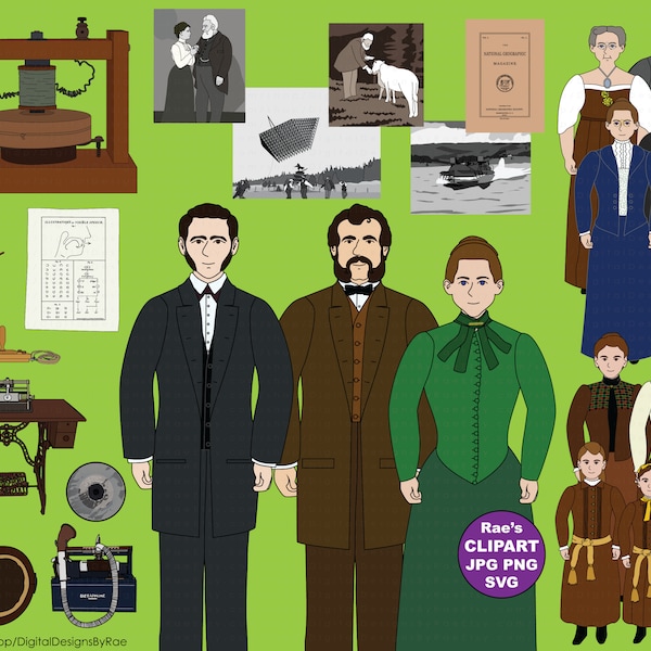 Alexander Graham Bell Clipart Set with inventions and family