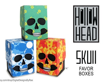 3 Flowered Skull Hollow Head Mini Favor Boxes printable Halloween treats