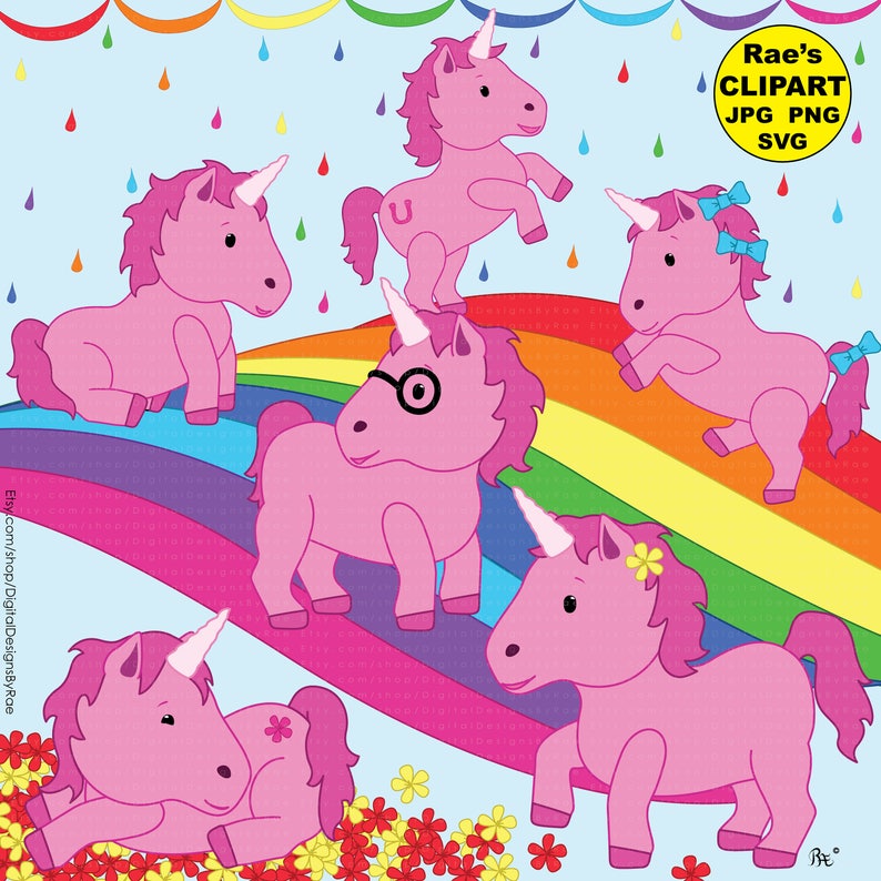 Puede incluir: Cinco unicornios rosas con cuernos de arco&iacute;ris y diferentes expresiones est&aacute;n sobre un fondo de arco&iacute;ris.  Un unicornio lleva gafas, otro tiene una flor en el pelo y otro tiene lazos azules.  El texto "Rae's CLIPART JPG PNG SVG" est&aacute; en la esquina superior derecha de la imagen.