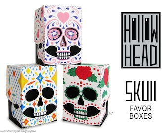 3 Sugar Skull Hollow Head Mini Favor Boxes printable Halloween treats